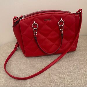 Nine West Aidenne Quilted Satchel Crossbody Purse Red Silver Chain Straps